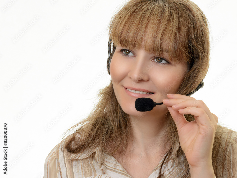 communication operator consultant a girl in an earpiece with a microphone answers calls consults provides information works with clients communication operator consultant a girl in an earpiece with a microphone answers calls consults provides information works with clients