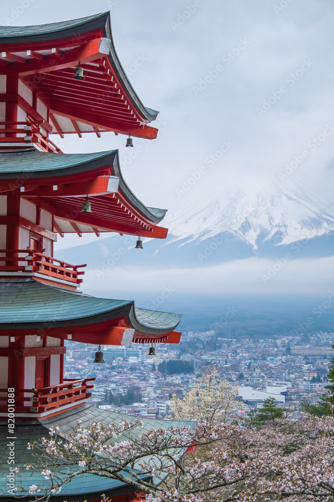 Chureito Pagoda with mount Fuji background in cloudy day