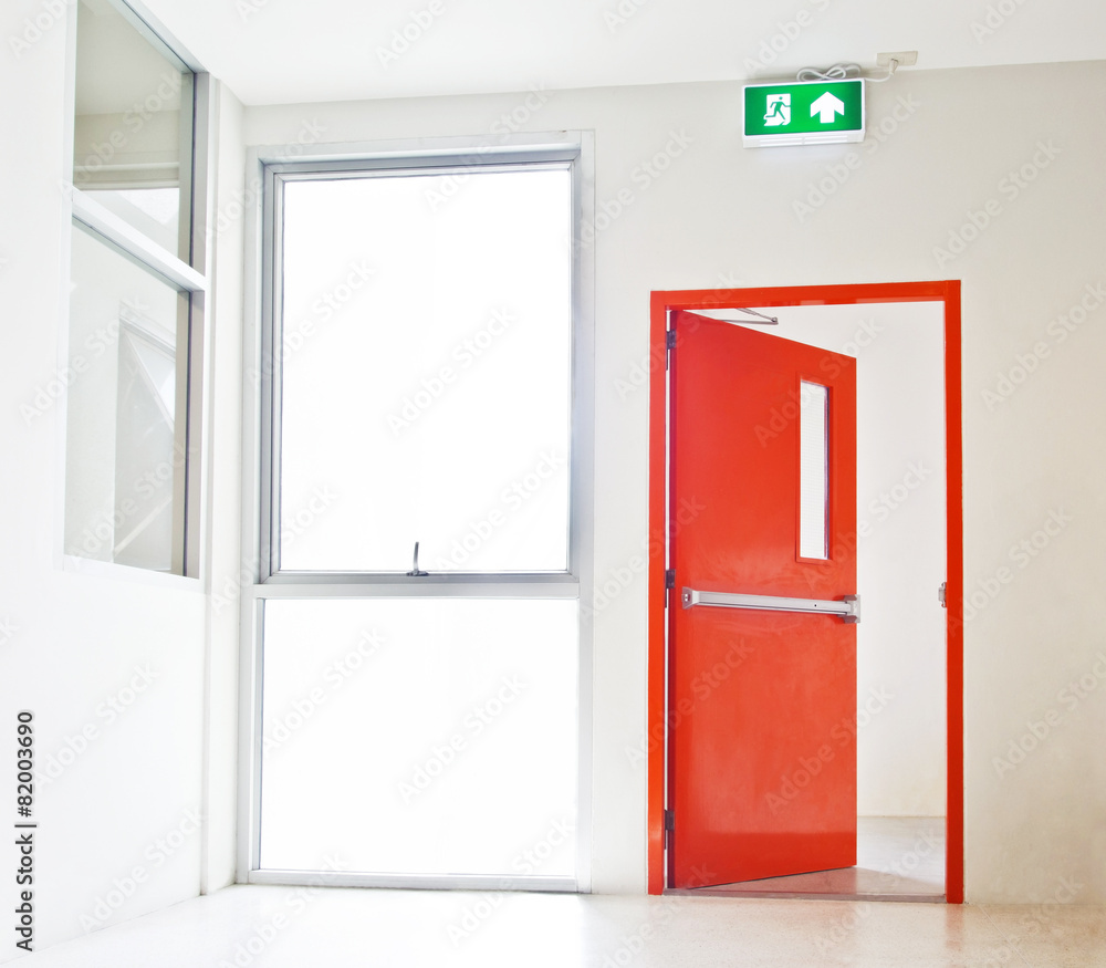 Building Emergency Exit with Exit Sign - obrazy, fototapety, plakaty 