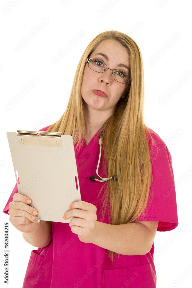 nurse pink clothes and glasses with clipboard pout nurse pink clothes and glasses with clipboard pout