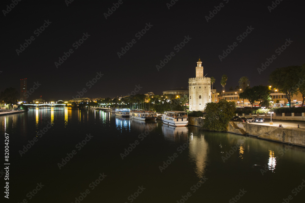 Night view of the Guadalquivir river in Seville, Spain.