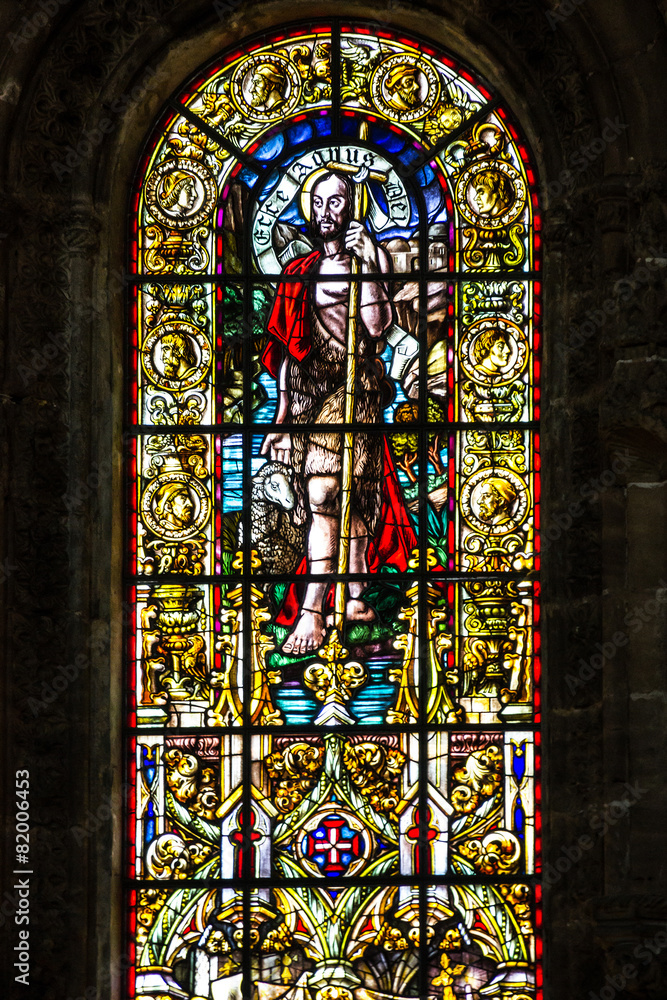 Vitrage window. Interior of church in Monastery of Jeronimos, Li