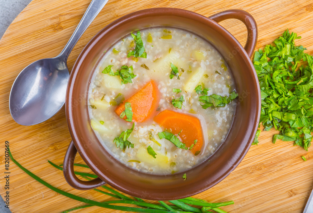 Traditional barley soup in a bowl Traditional barley soup in a bowl