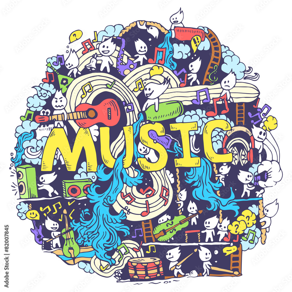 Abstract musical art with funny creatures hand draw background Abstract musical art with funny creatures hand draw background