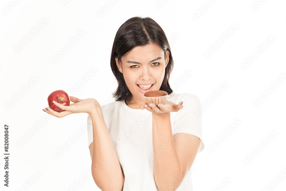 Smiling woman with apple isolated on white Smiling woman with apple isolated on white