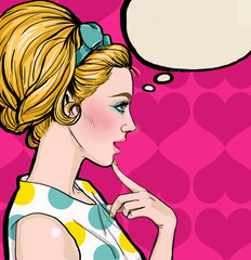 Pop Art blond girl in profile with the speech bubble.