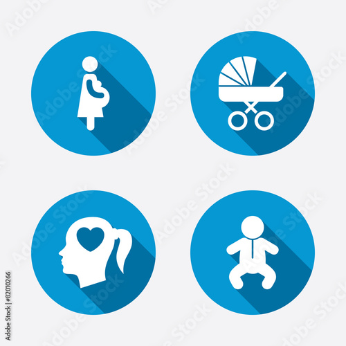 Maternity icons. Baby infant, pregnancy, buggy.