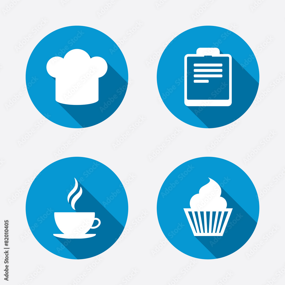 Coffee cup icon. Chef hat symbol. Muffin cupcake Coffee cup icon. Chef hat symbol. Muffin cupcake