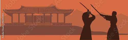 Illustration, men are engaged in Аikido.