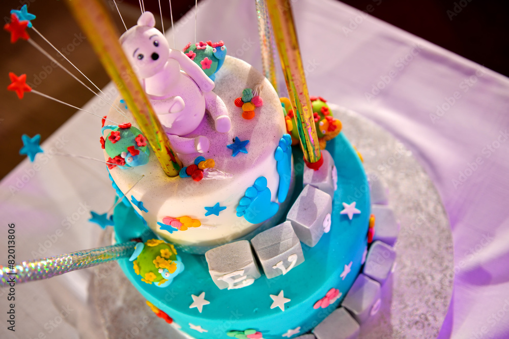 Christening cake with pink teddy bear Stock Photo | Adobe Stock