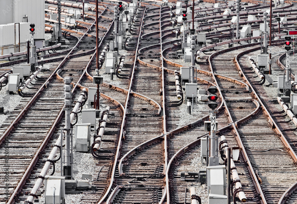Fototapeta premium Rail tracks in subway depot, Kiev