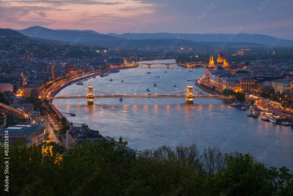 Budapest and Danube with Chain Bridge at night