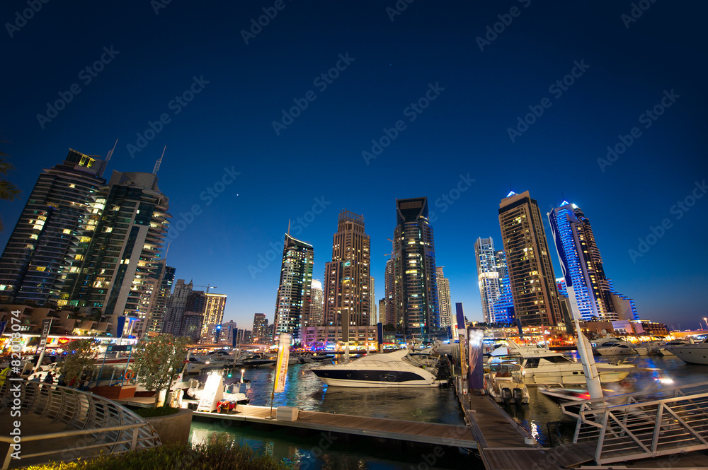 panoramic views of the night skyscrapers in Dubai