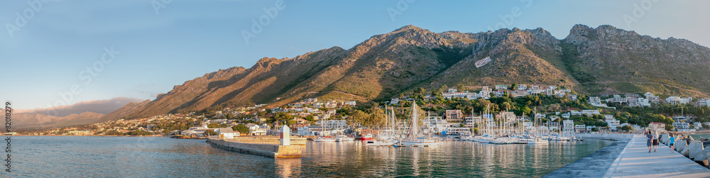 Panorama of Gordons Bay harbor and Hottentots-Holland Mountains