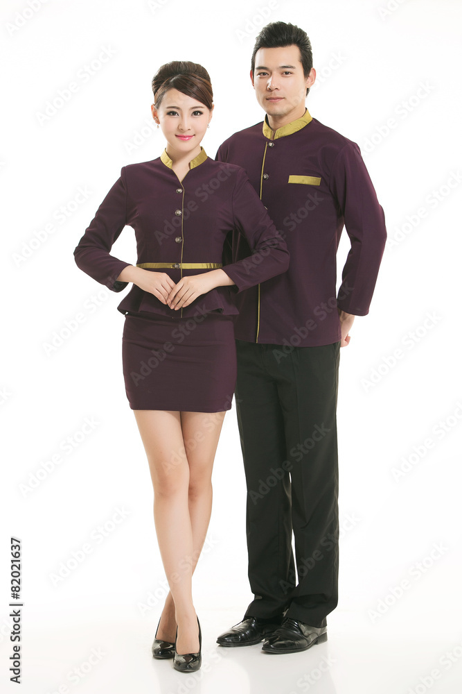 Wear clothing occupation Chinese waiters in white background Wear clothing occupation Chinese waiters in white background