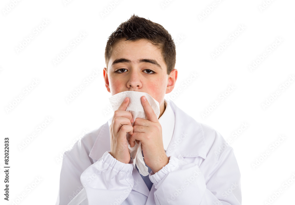 boy doctor cleaning his lips with handkerchief boy doctor cleaning his lips with handkerchief