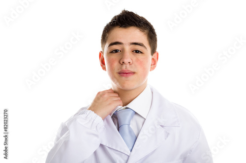 boy doctor pulling his collar because uncomfortable