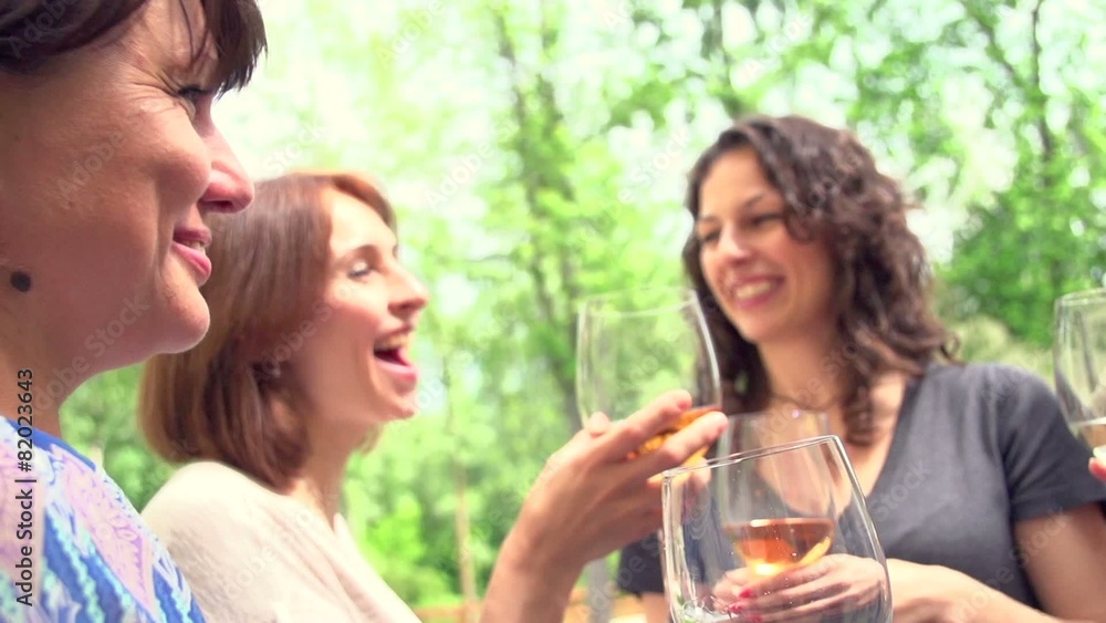 Group of friends drinking wine, laughing and toasting Group of friends drinking wine, laughing and toasting