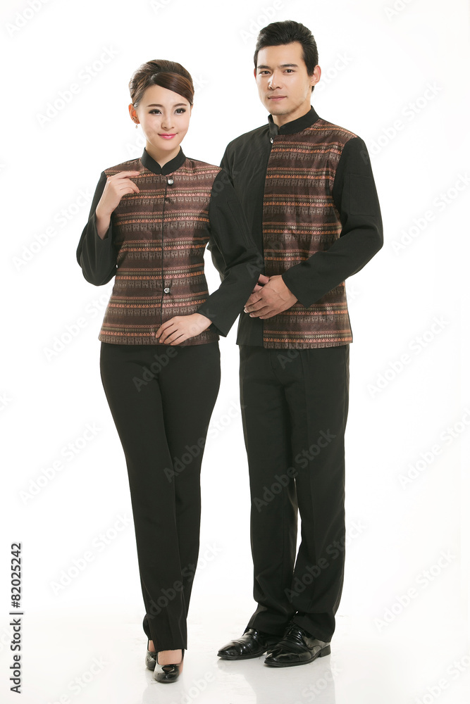 Wear clothing occupation Chinese waiters in white background Wear clothing occupation Chinese waiters in white background