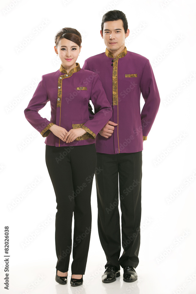 Wear clothing occupation Chinese waiters in white background Wear clothing occupation Chinese waiters in white background