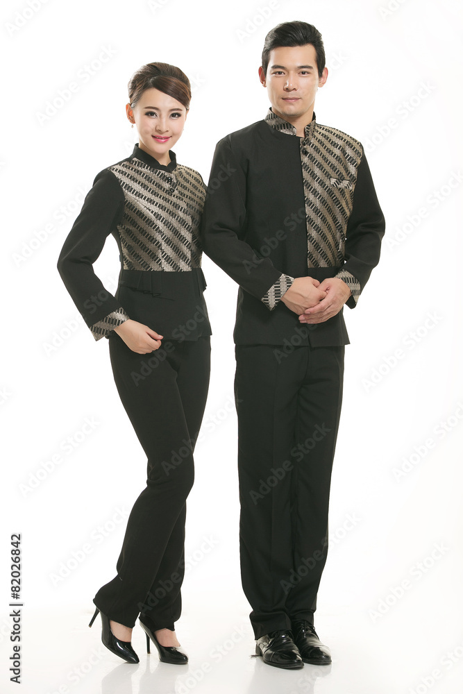 Wear clothing occupation Chinese waiters in white background Wear clothing occupation Chinese waiters in white background