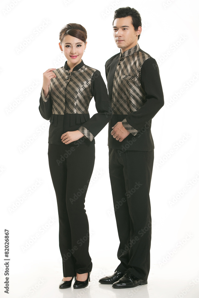 Wear clothing occupation Chinese waiters in white background Wear clothing occupation Chinese waiters in white background