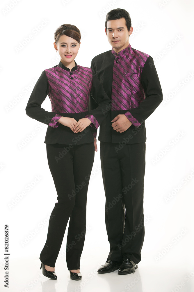 Wear clothing occupation Chinese waiters in white background Wear clothing occupation Chinese waiters in white background