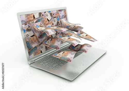 Schilderij op canvas 3D Jordan money coming out of Laptop monitor isolated in white background