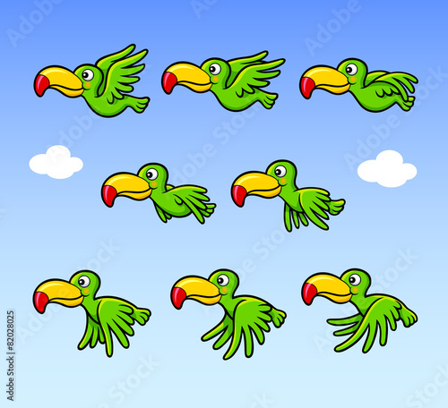 Flying happy bird cartoon character sprite sheet game asset