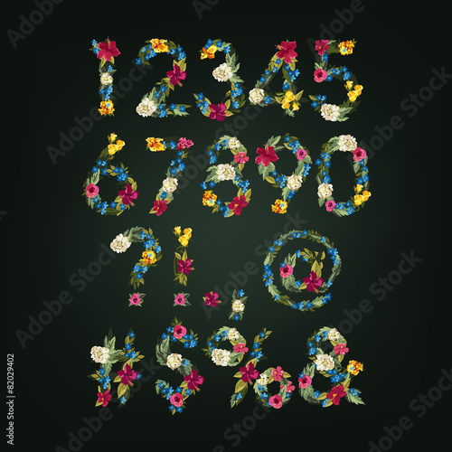 Numbers, Vector Colorful Flower Font
