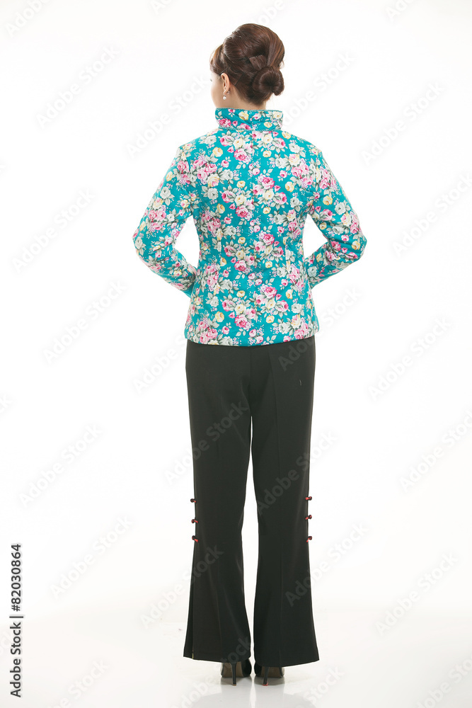 Wearing cotton padded jacket China lady in white background