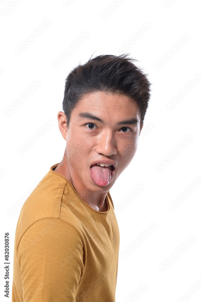 Portrait of young man with silly grimace isolated