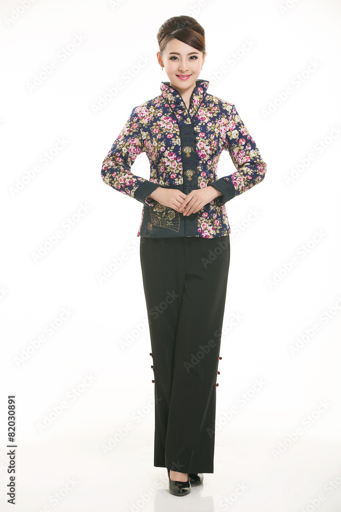 Wearing cotton padded jacket China lady in white background Wearing cotton padded jacket China lady in white background