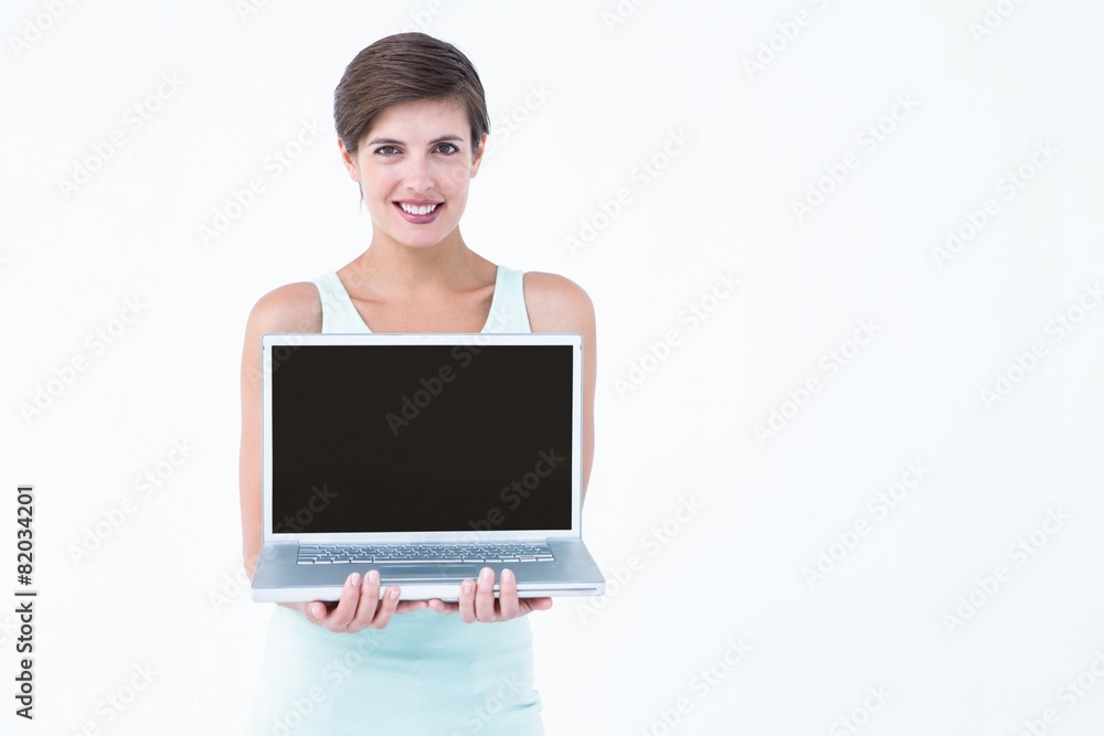Attractive woman showing her laptop Attractive woman showing her laptop