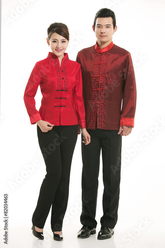 Wearing Chinese clothing waiter in front of a white background