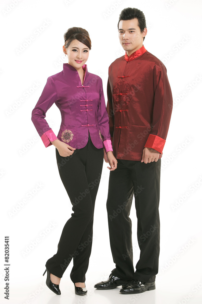 Wearing Chinese clothing waiter in front of a white background Wearing Chinese clothing waiter in front of a white background