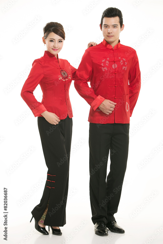 Wearing Chinese clothing waiter in front of a white background Wearing Chinese clothing waiter in front of a white background