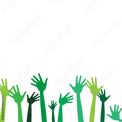 Many green hands on the white background
