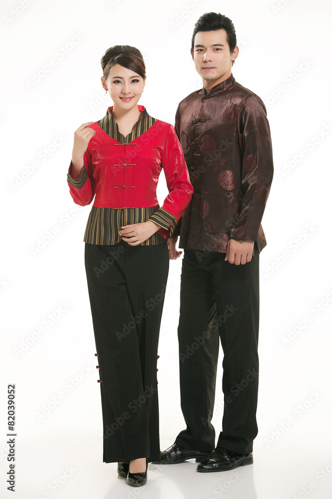 Wearing Chinese clothing waiter in front of a white background Wearing Chinese clothing waiter in front of a white background