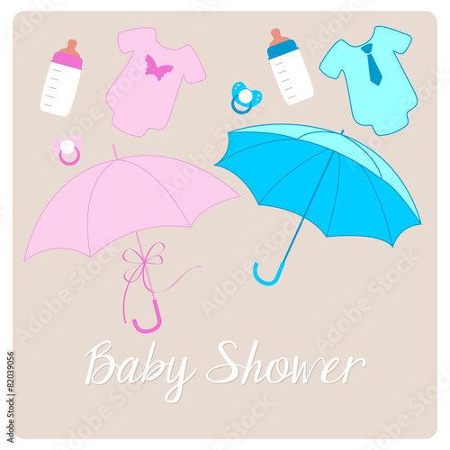 baby shower card, objects and clothing for a little boy or girl
