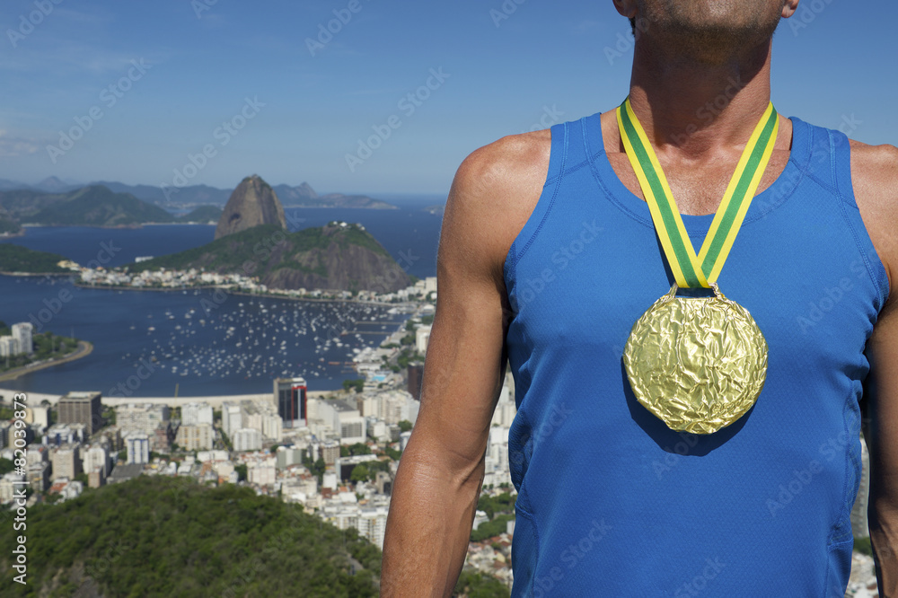 Gold Medal Athlete Standing Rio Skyline