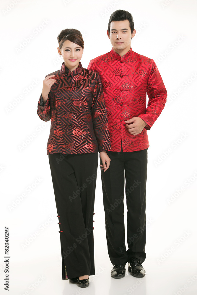 Wearing Chinese clothing waiter in front of a white background Wearing Chinese clothing waiter in front of a white background