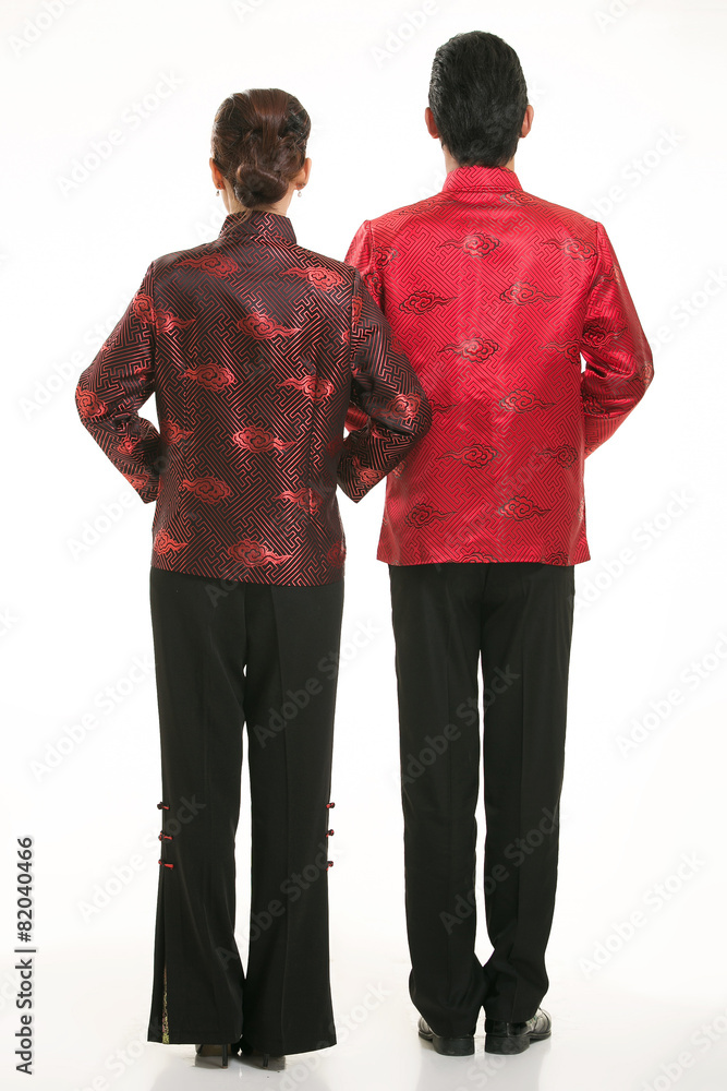 Wearing Chinese clothing waiter in front of a white background Wearing Chinese clothing waiter in front of a white background