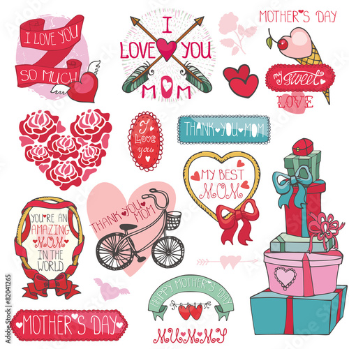 Mothers day decor elements set.Ribbons,frames,roses,hearts,lette photo