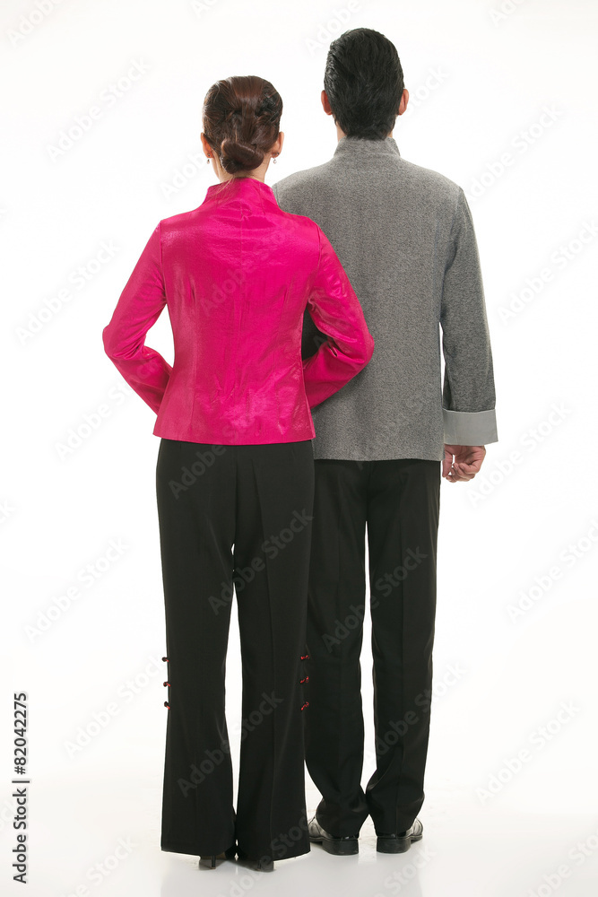 Wearing Chinese clothing waiter in front of a white background Wearing Chinese clothing waiter in front of a white background