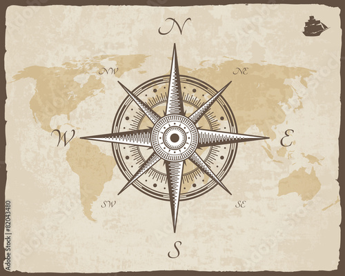 Vintage Nautical Compass. Old Map Vector Paper Texture
