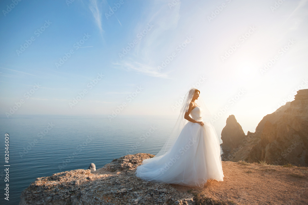 Beautiful young bride stands on rock in the sea rocky landscape Beautiful young bride stands on rock in the sea rocky landscape