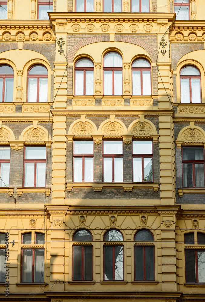 Facade of old building on Jindrisska Street 875 in Prague.