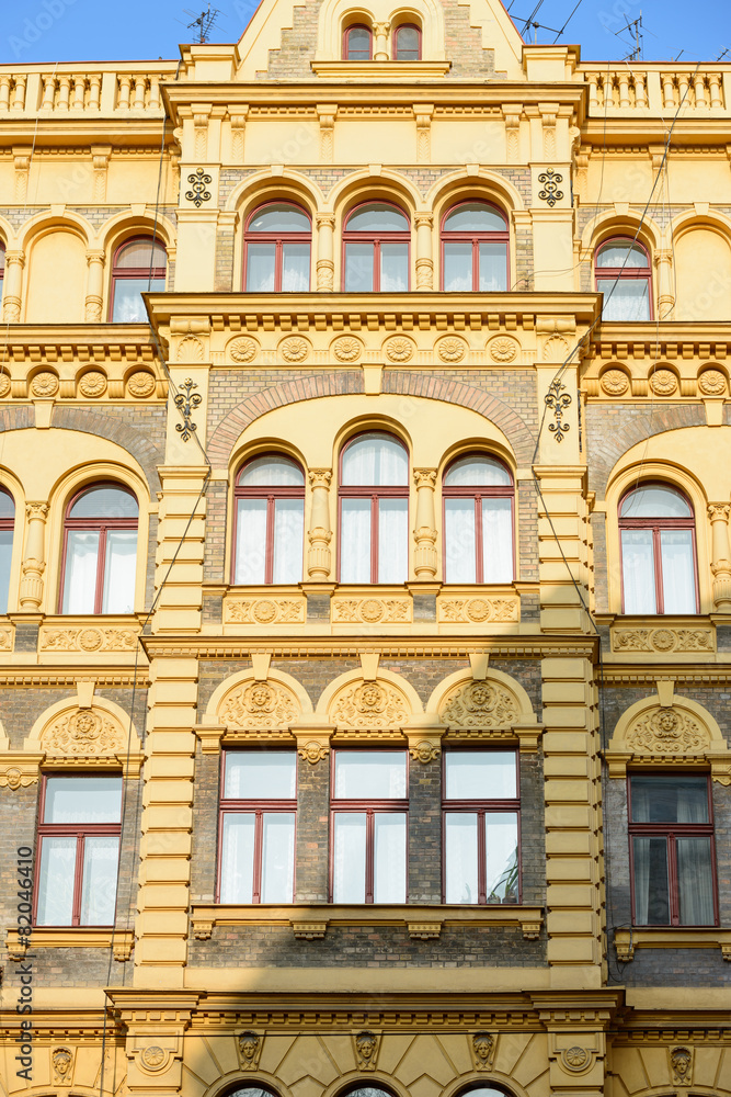 Facade of old building on Jindrisska Street 875, Prague, Czech.
