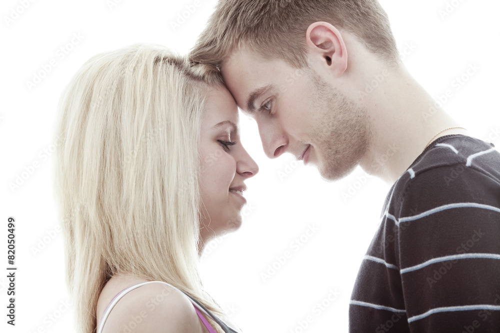 happy young loving couple embracing, white background happy young loving couple embracing, white background